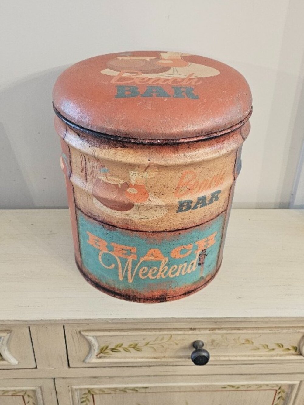 Vintage Retro Small Round Metal Storage Tub Ottoman Stool Beach Bar Padded Top